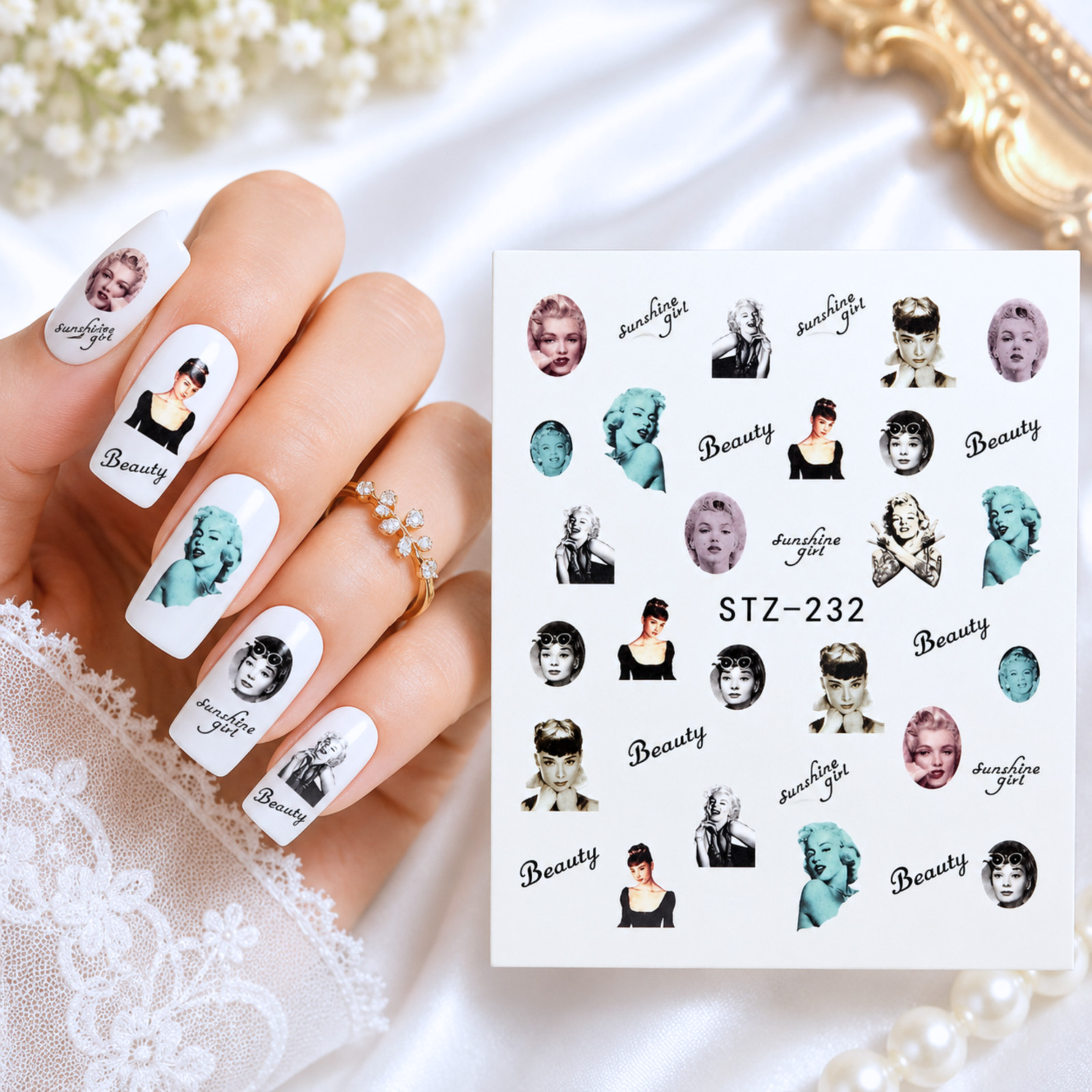 Retro Hollywood Beauty Nail Art Water Transfer Decal Stickers Gel Acrylic Nails