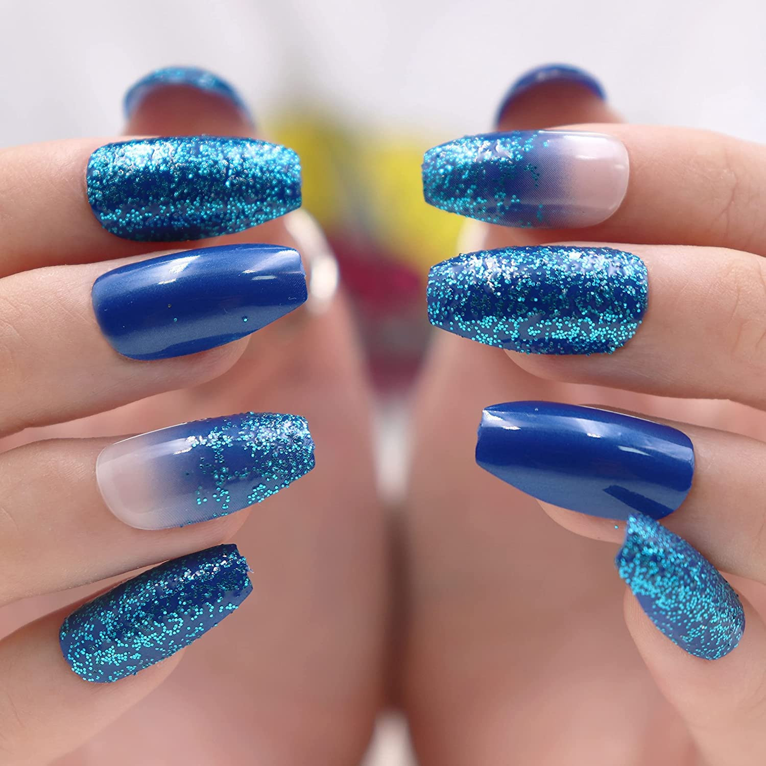 Press on Nails – Medium Coffin Glue on Nails with Blue Ombre, Acrylic Bling Glit