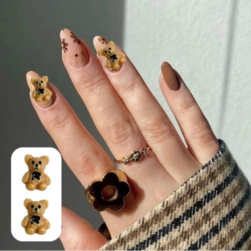 Cute Nail Charms Nail Art Charms 3D Resin Bear with Black Bow Nail Brown Bear