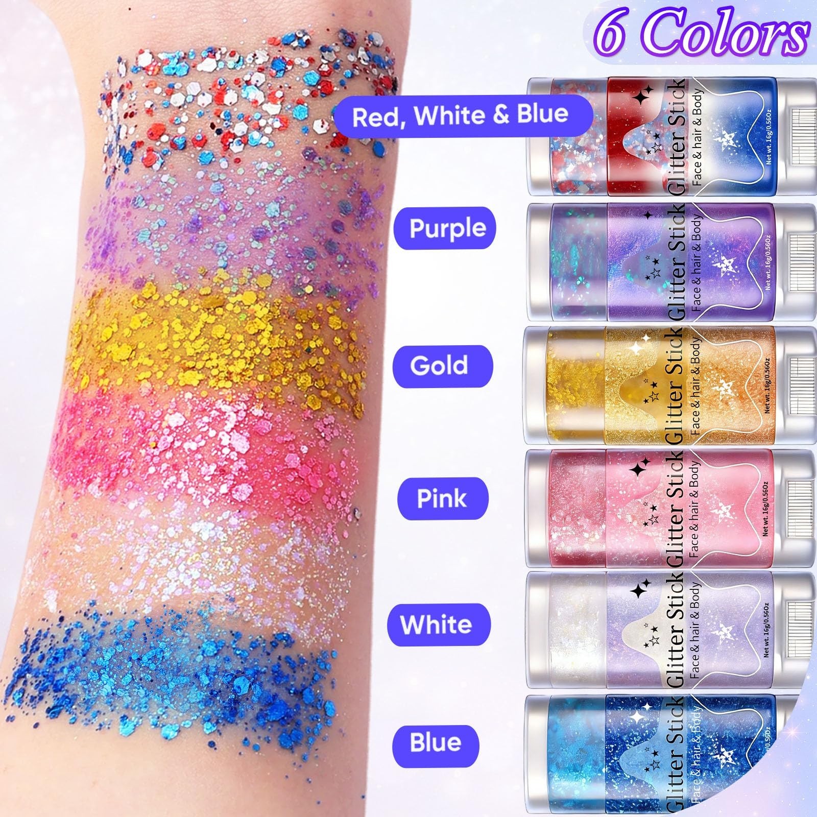 Patriotic Body Glitter Stick Set – 6 Pack Red White Blue Face & Hair Makeup for