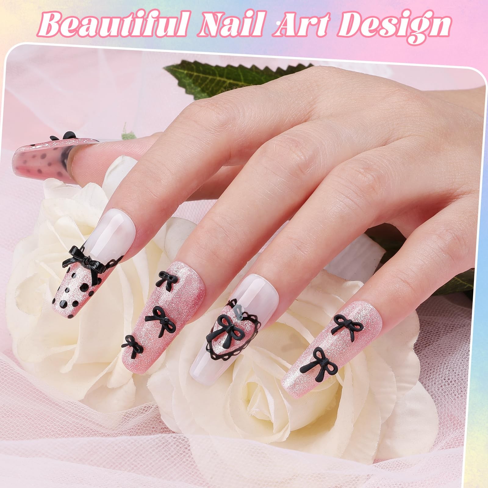 2 Boxes 3D Bow Nail Charms, Black Mini Bow Charms Transparent/Solid Resin Bow…