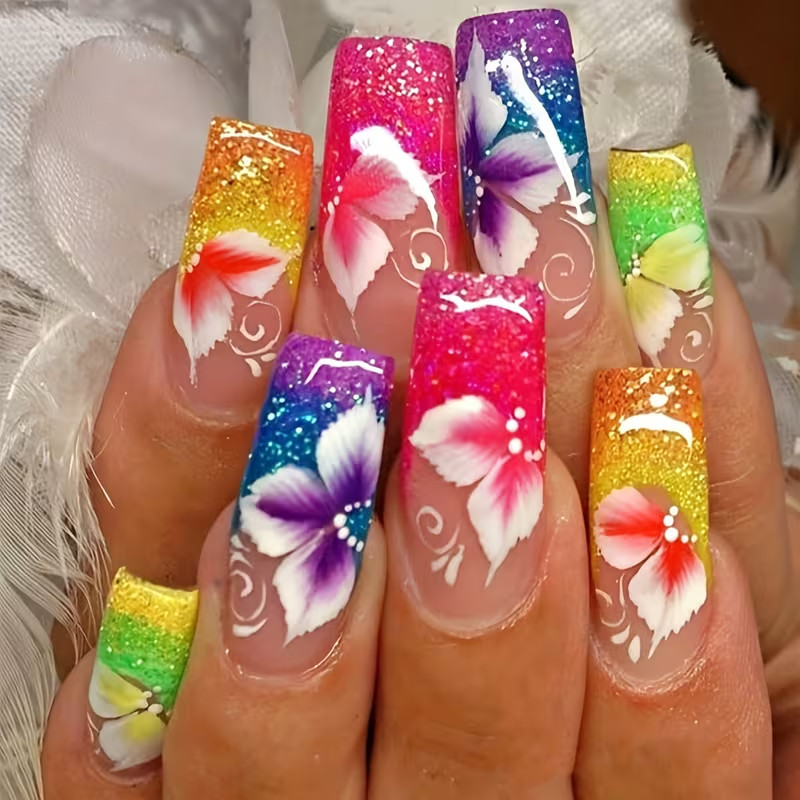 24pcs Long Ballerina Shape Press On Nails, Fake Nail With Colorful Flower