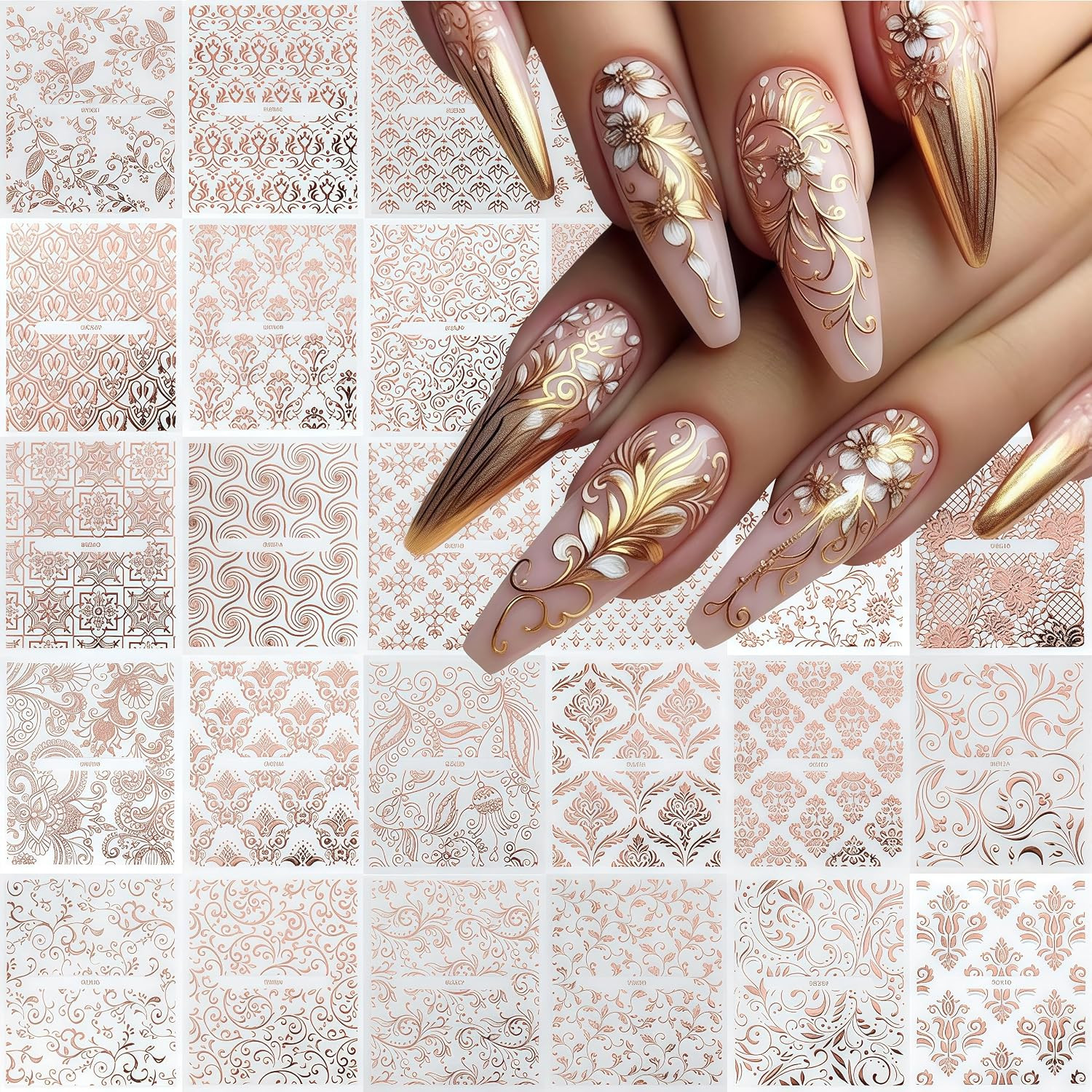 30 Sheets Lace Flower Nail Art Sticker 3D Self-Adhesive Hollow Rose Golden Lace