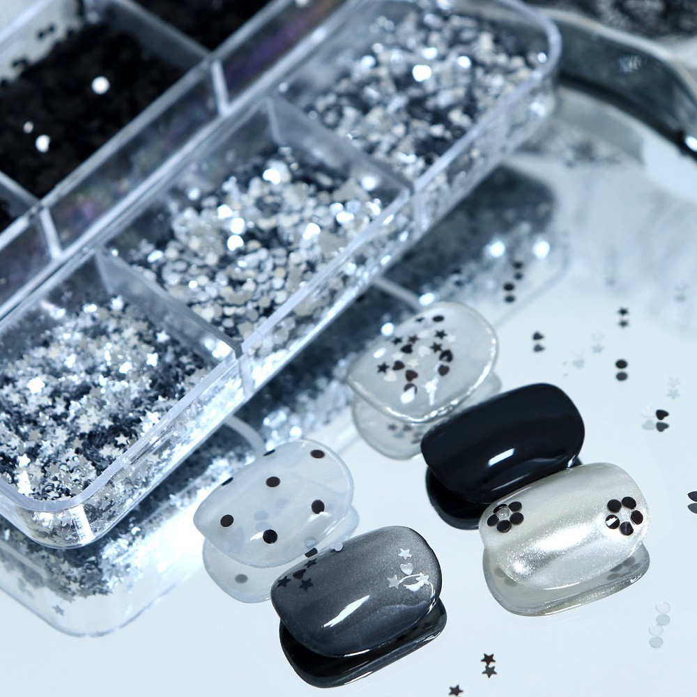 6 Grids 1MM Silver Black Nail Glitter Sequins Heart Star Flakes for Nail Art DIY