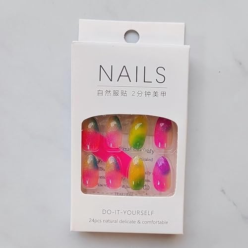 24 Pcs Cat Eye Summer Press on Nails Short Almond Colorful Fake Nails AH-01