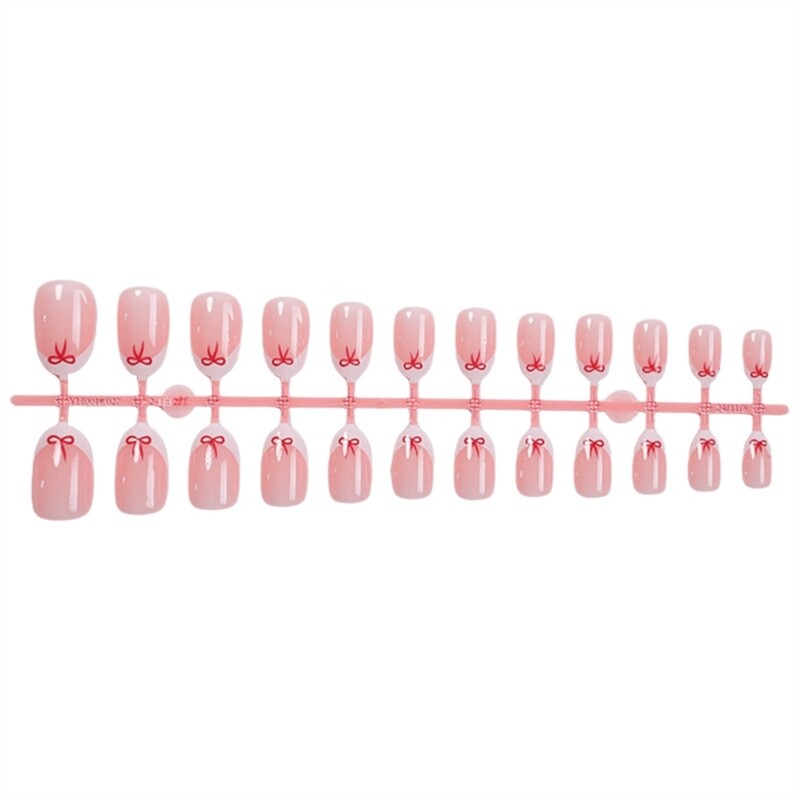 24 Pieces Short Length Almond Press On Glossy Bows Designs French Tip