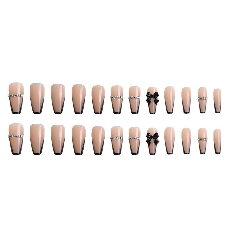 Black French Tip Press on Nails Medium Coffin Fake Nails with Bow, Style-25