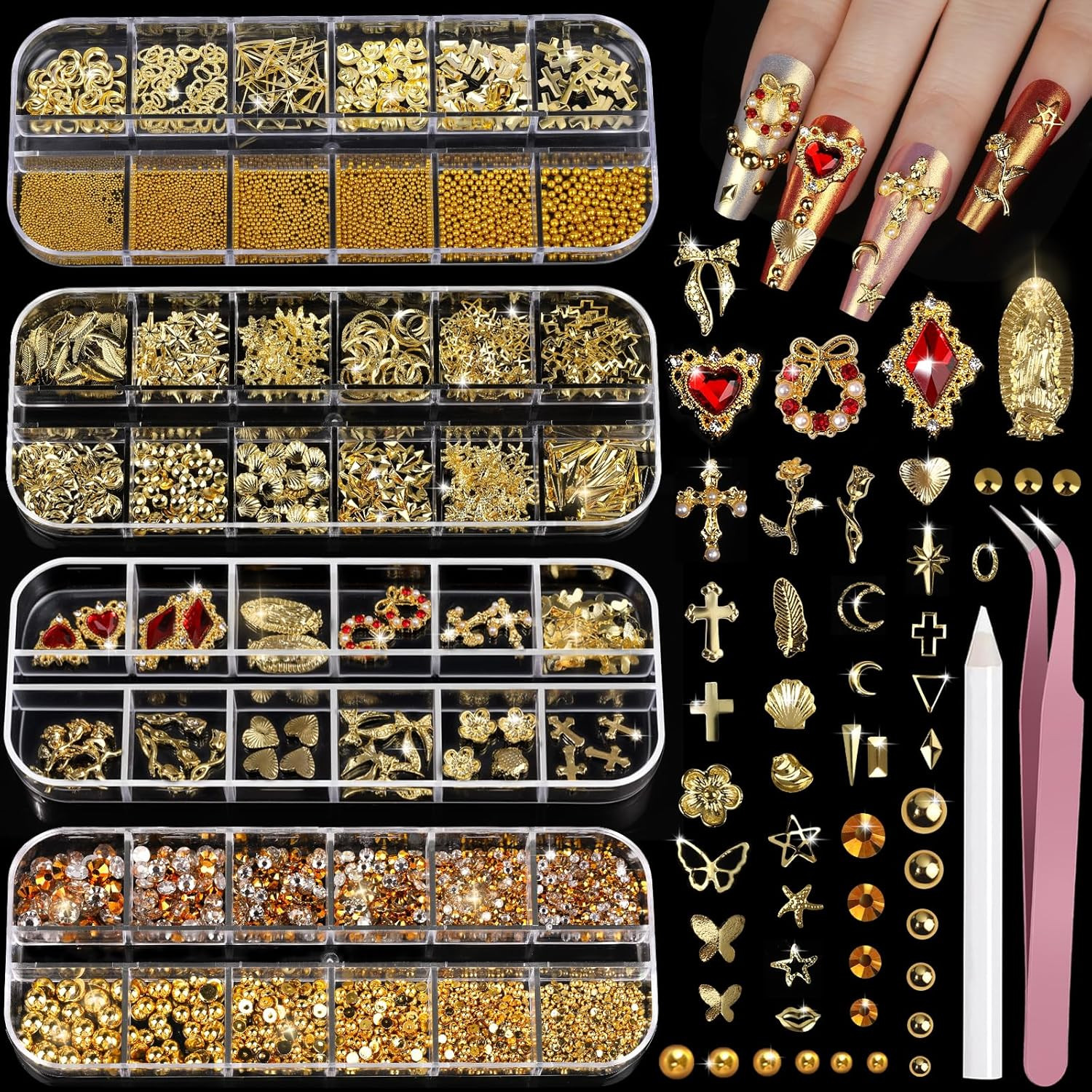 Teenitor Gold Nail Charms and Gems Set, 4 Boxes Nail Gems Nail Pearls Nail Art T