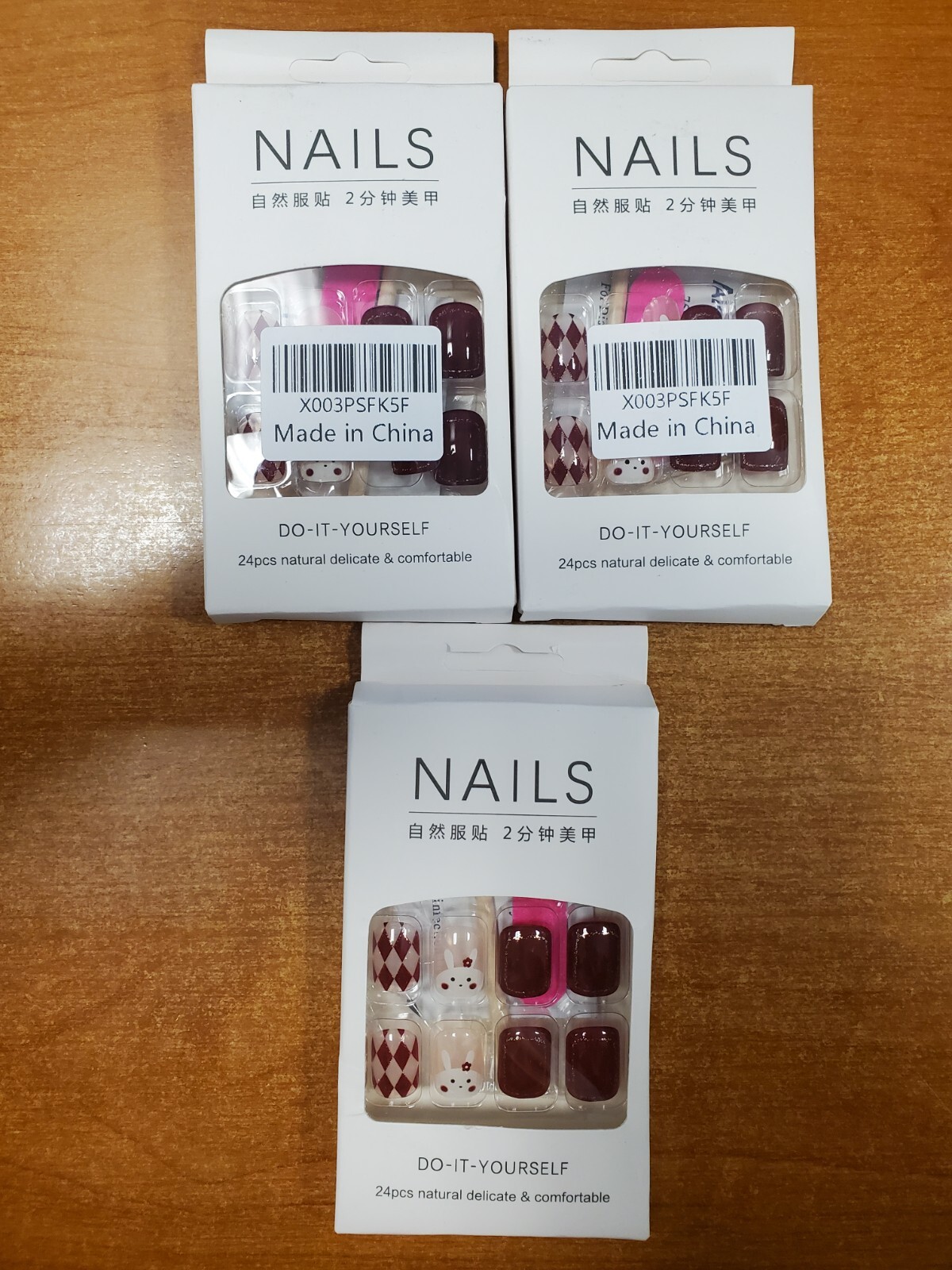 3 Boxes of 24: Red Accent Design Bunny Square Medium Press-On Nails (13C-1794)