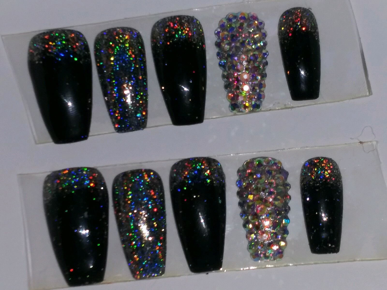 Black holographic glitter bling press on nails holo diamond crystal set short