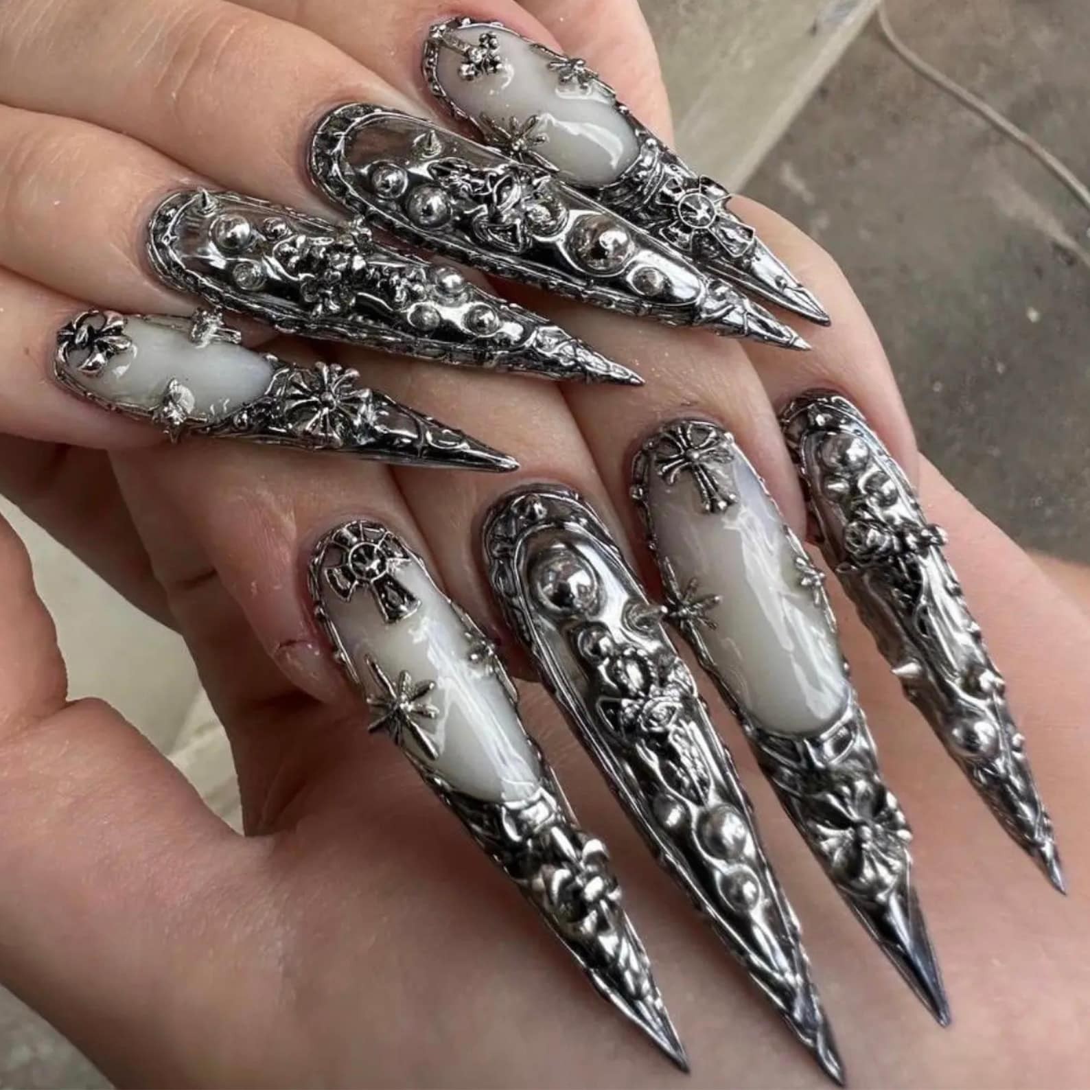 Handmade Gothic Silver Cross Metal Charms Long Stiletto Press on Nails