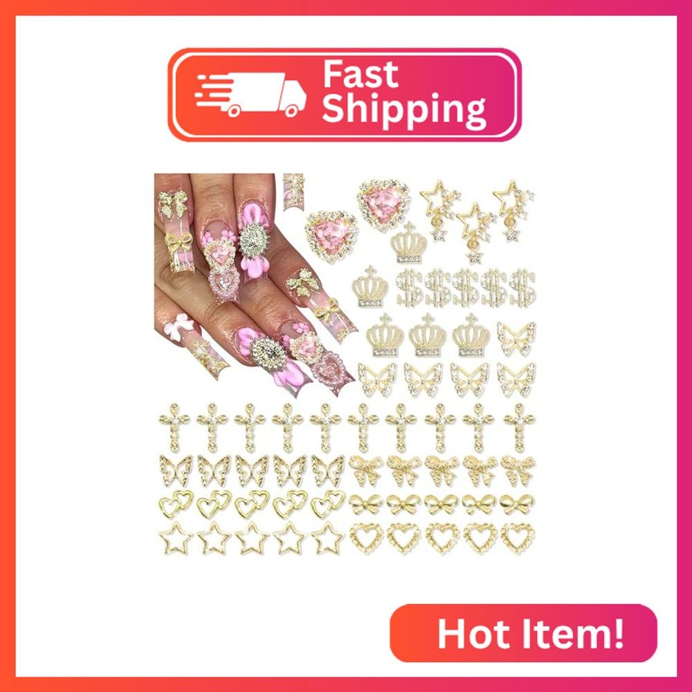 YAEISM 180PCS Gold Nail Charms: Cross Crystal Star, 3D Gold Butterfly, Sparkly C