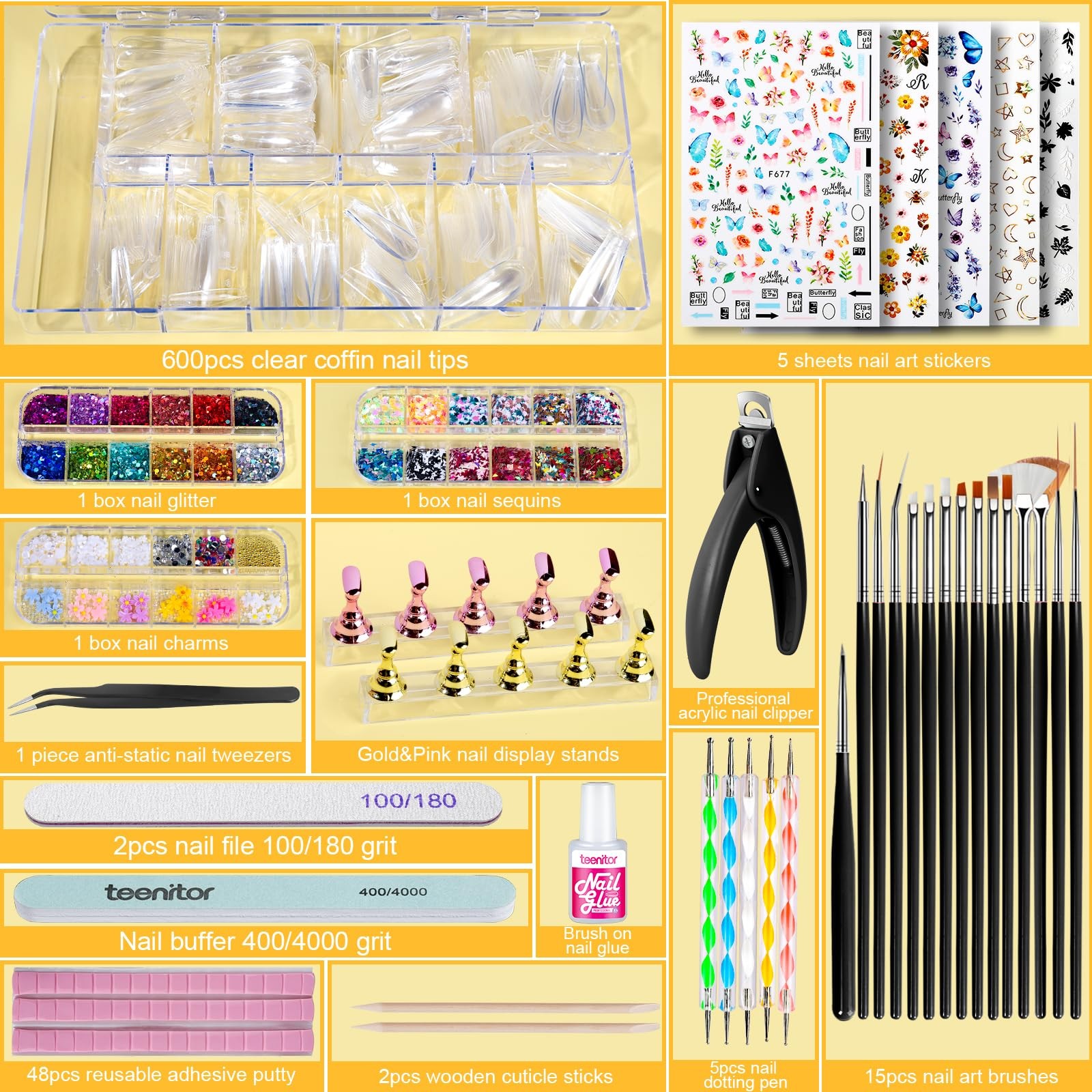 Teenitor Press On Nail Kit – Clear Coffin Tips, Art Brushes, Black
