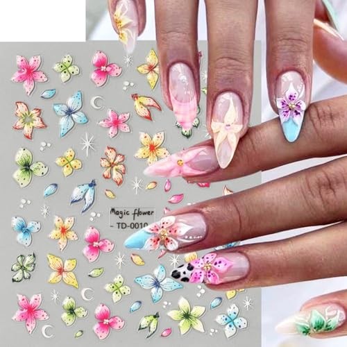 Flowers Nail Art Sticker- 5D Embossed Lily Flower Nail Decals Colorful Flower