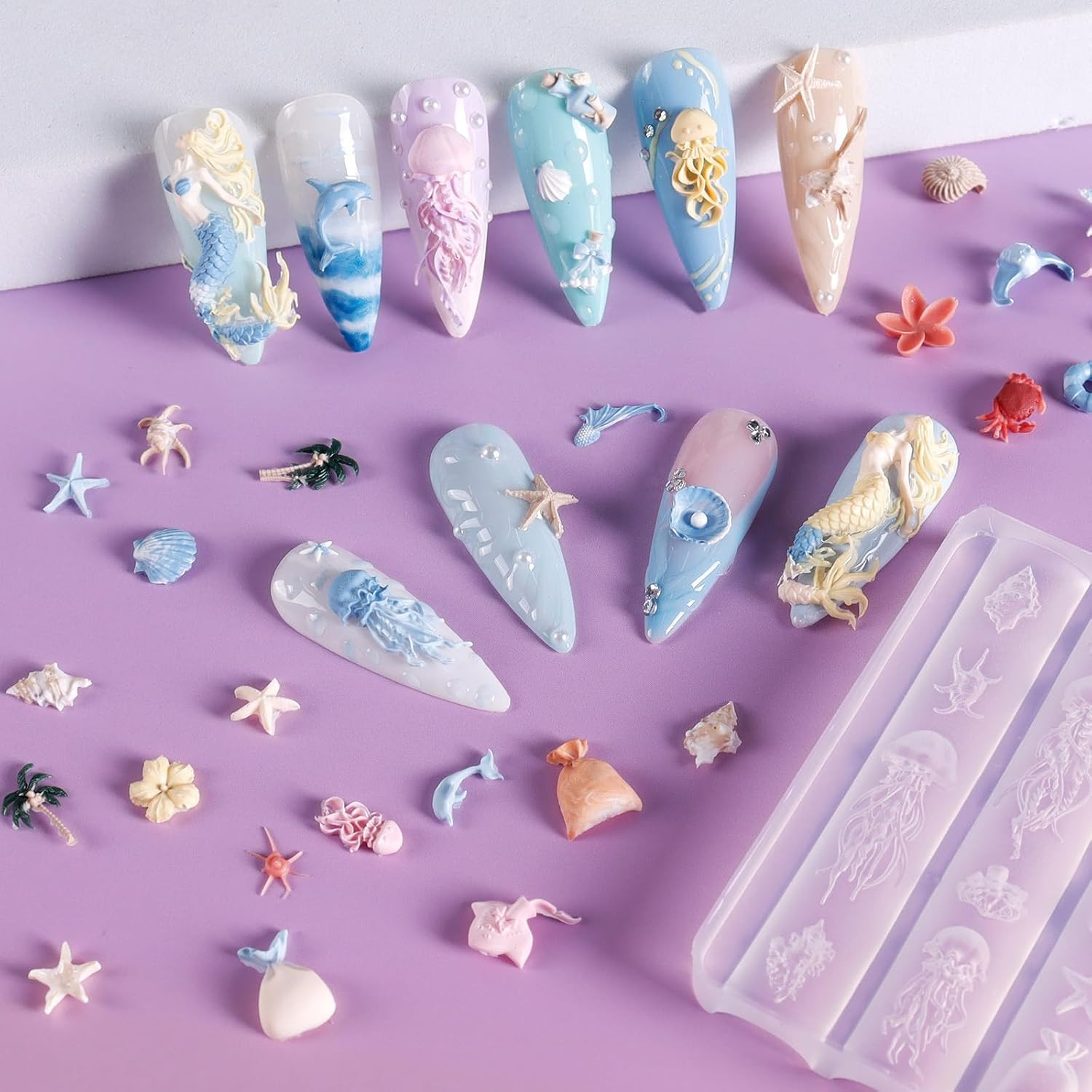 4Pcs Ocean Silicone Nail Art Molds, 3D Mermaid, Starfish, Seashell, Jellyfish Na