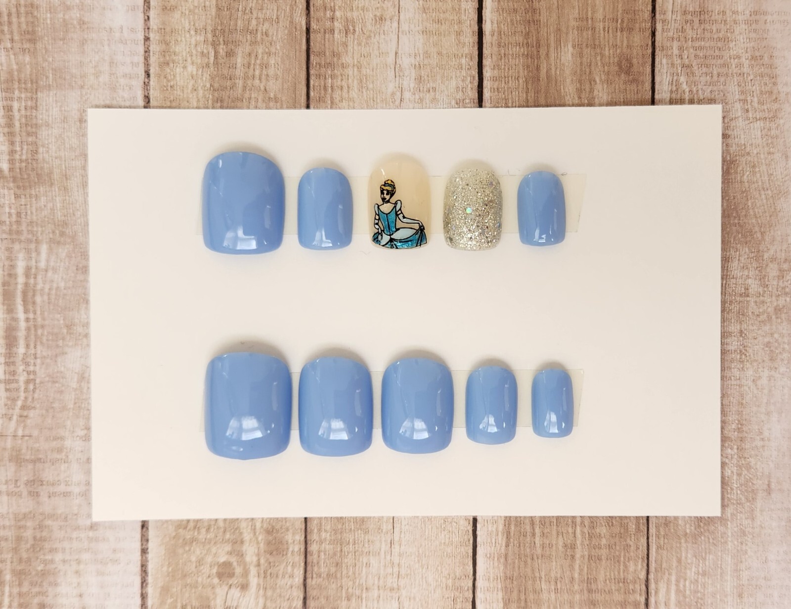 Custom Press On Handmade Gel Nails Blue Cinderella Accent Square Short 20 Tips