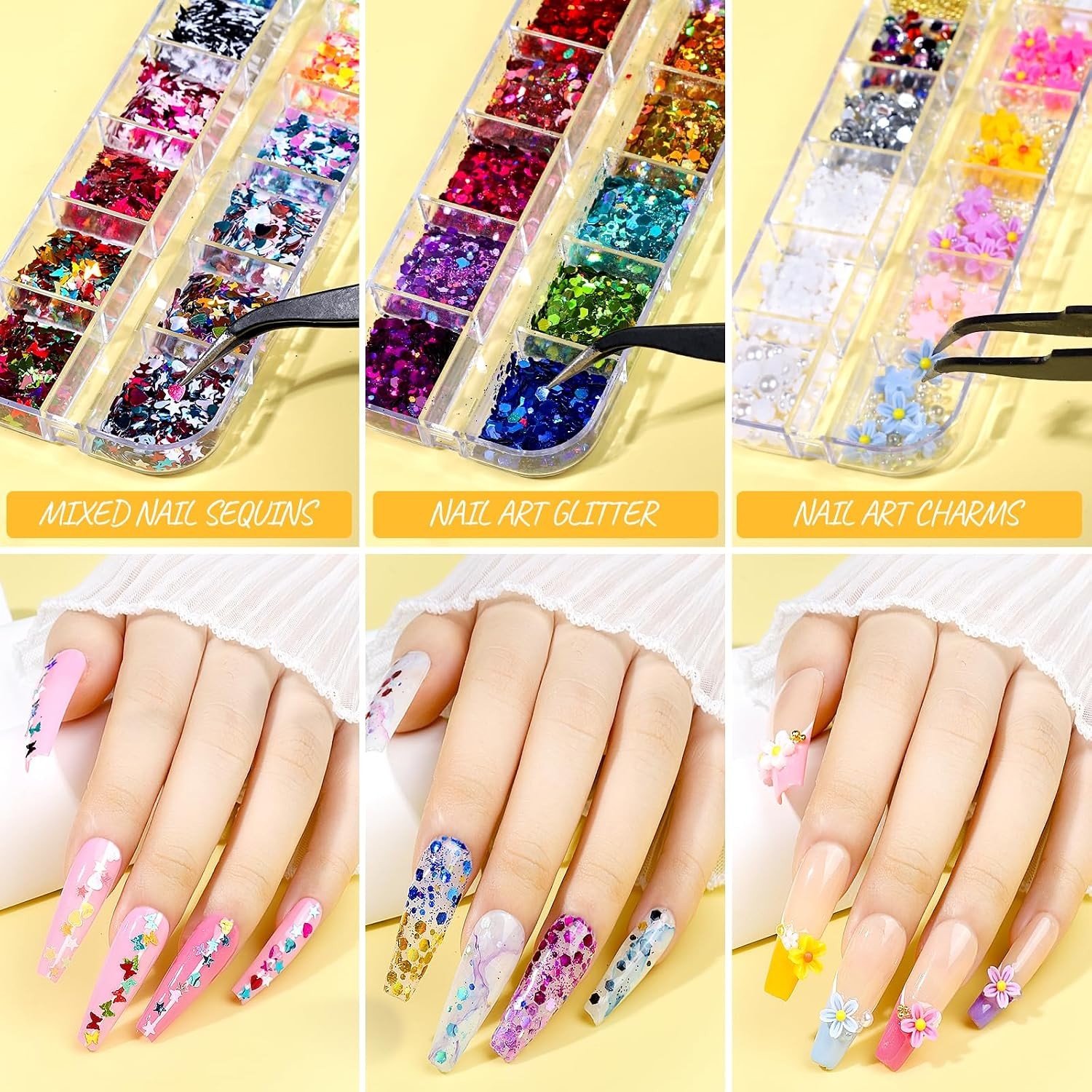 Teenitor Press On Nail Kit: Coffin Tips, Brushes, Glitter & Rhinestones