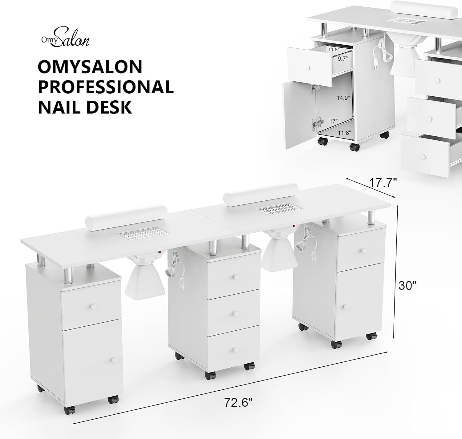 Rolling Double Manicure Table with Dust Collector & Drawers, Nail Table Station