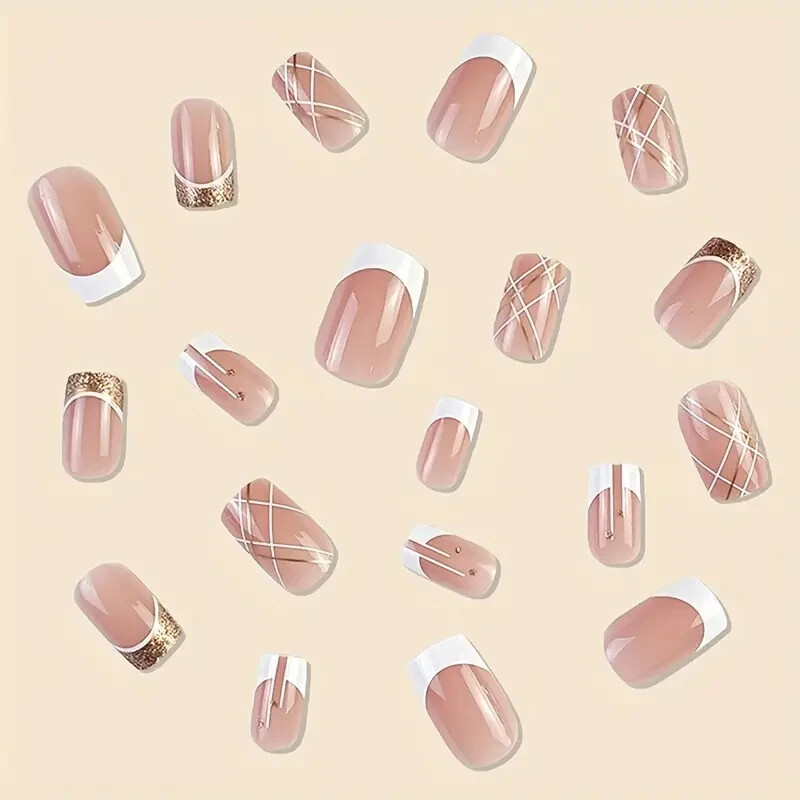 24pcs Golden Pearl Glitter Press-On Nails, Square Shape, Middle Length, Glossy
