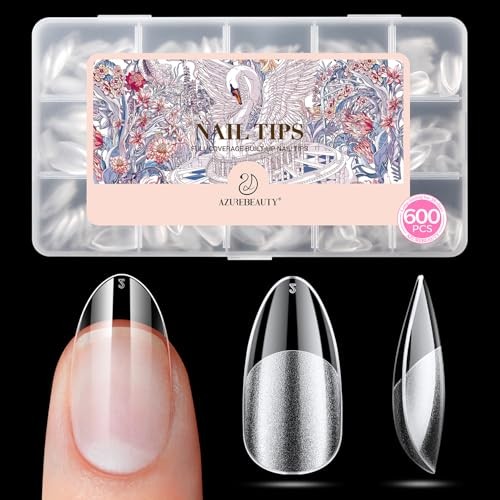 AZUREBEAUTY Almond Nail Tips, 600pcs Pre-Etched Soft Gel Nail Extensions for