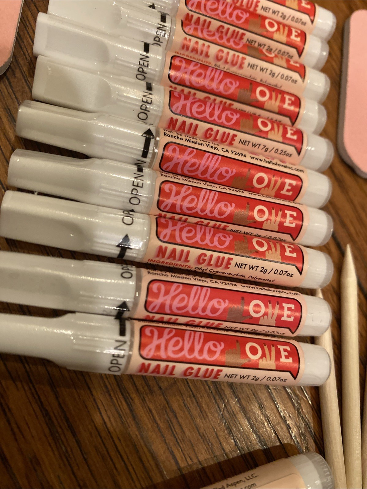 10 HELLO LOVE Press On Nail Glue 11 NEW 2g Tubes & 1 RED ASPEN, Emery Cuticle