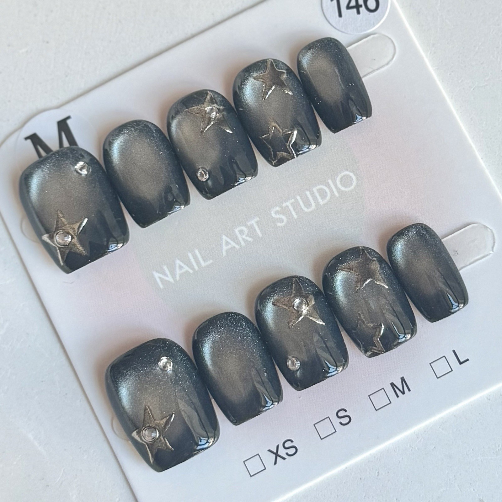 Handmade Black Star Y2K Press-On Nails Short Square Size M Reusable Fake Nails