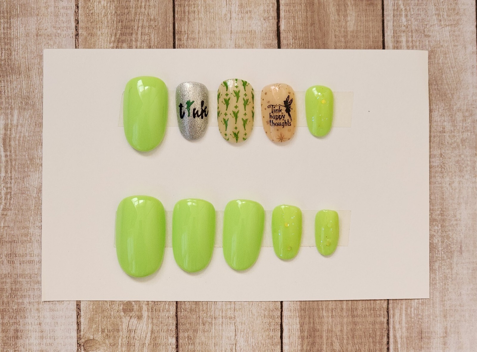 Custom Press On Handmade Gel Nails Green Tinkerbell Accent Oval Short 20 Tips