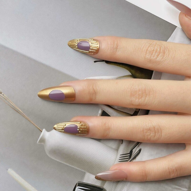 24pcs Artistic Almond Shape Press on Nail with 3D Designs False Nail for Women