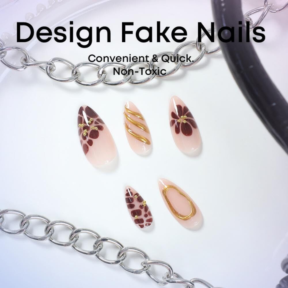 White French Tip Press On Nails Medium Almond 5D Flower Pearl Fake Nail Set