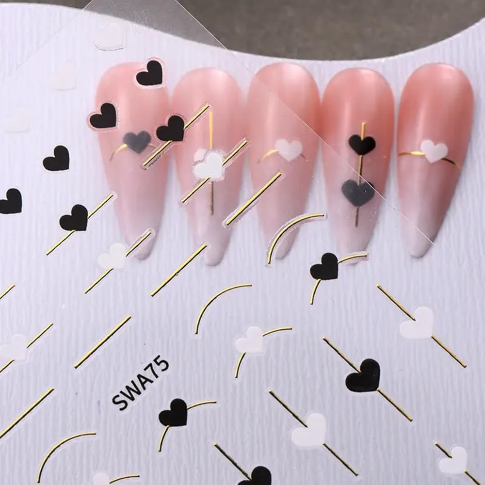 4Pcs Valentine’s Day Nail Art Stickers Hearts Nail Decals Glossy Metallic Gol…