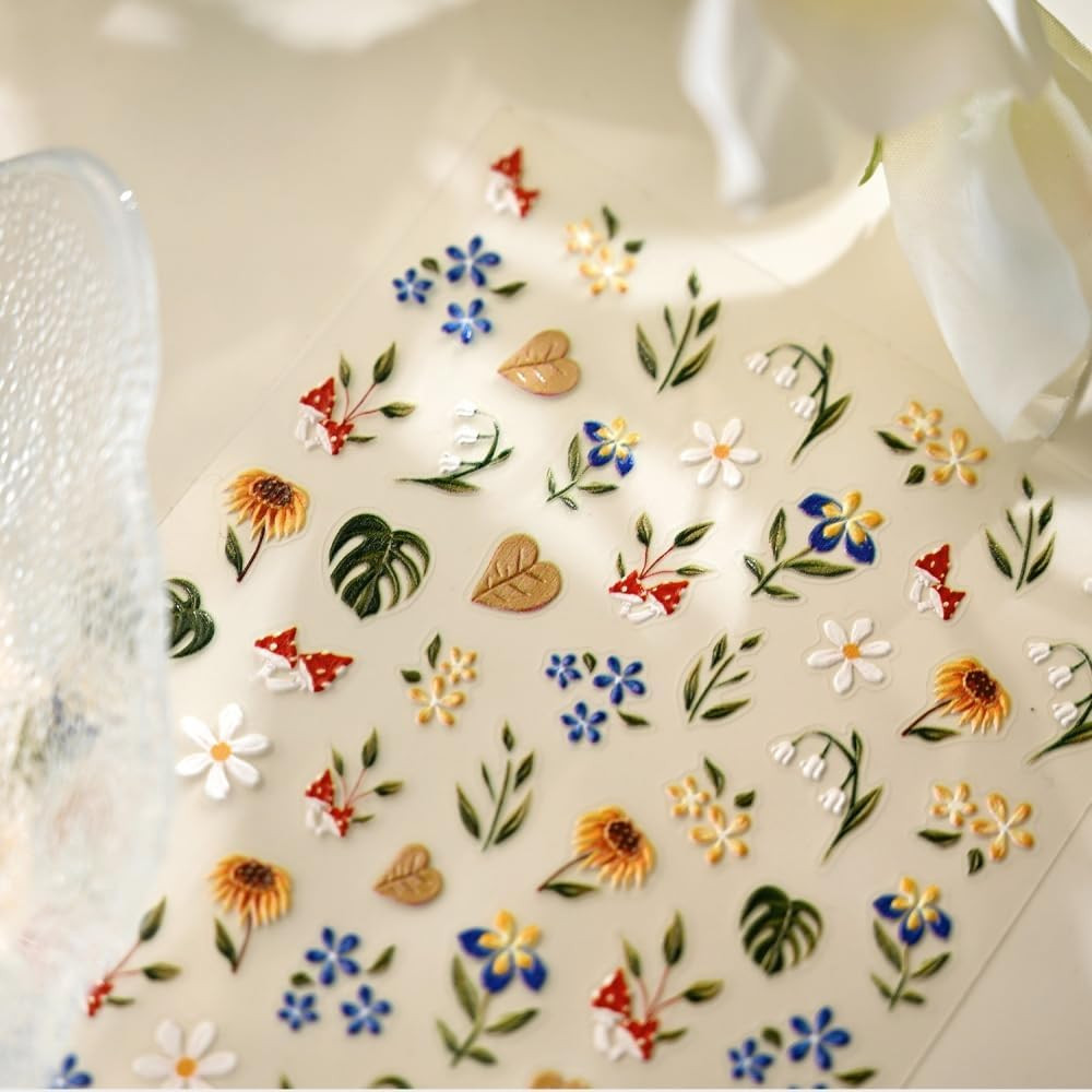 Flower Nail Stickers Floral Daisy Nail Decals 5D Embossed Blue Yellow Nail Desig