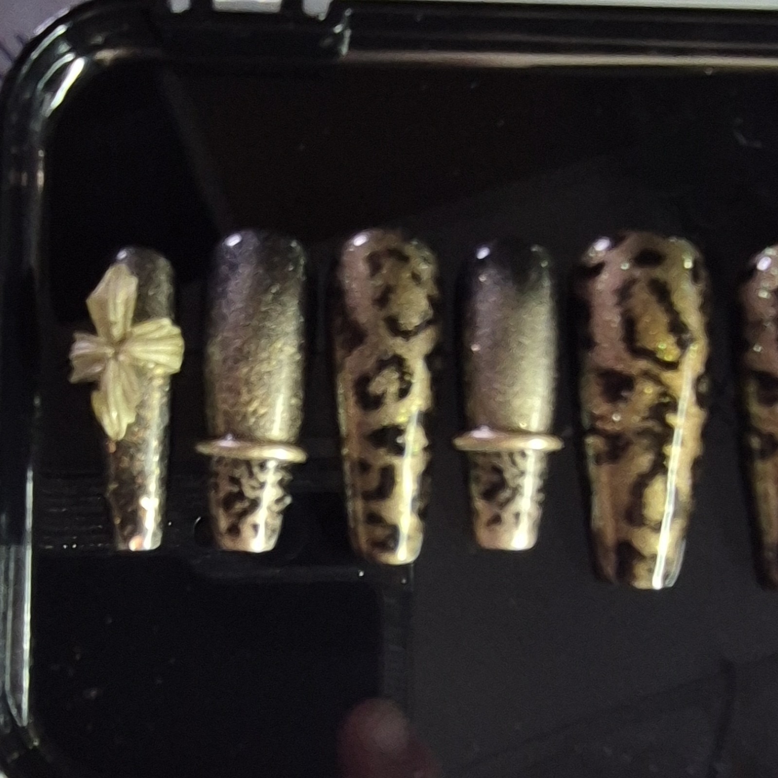 Gold Black Glitter Leopard Coffin Press-On Nails Pre-Designed Full Cover