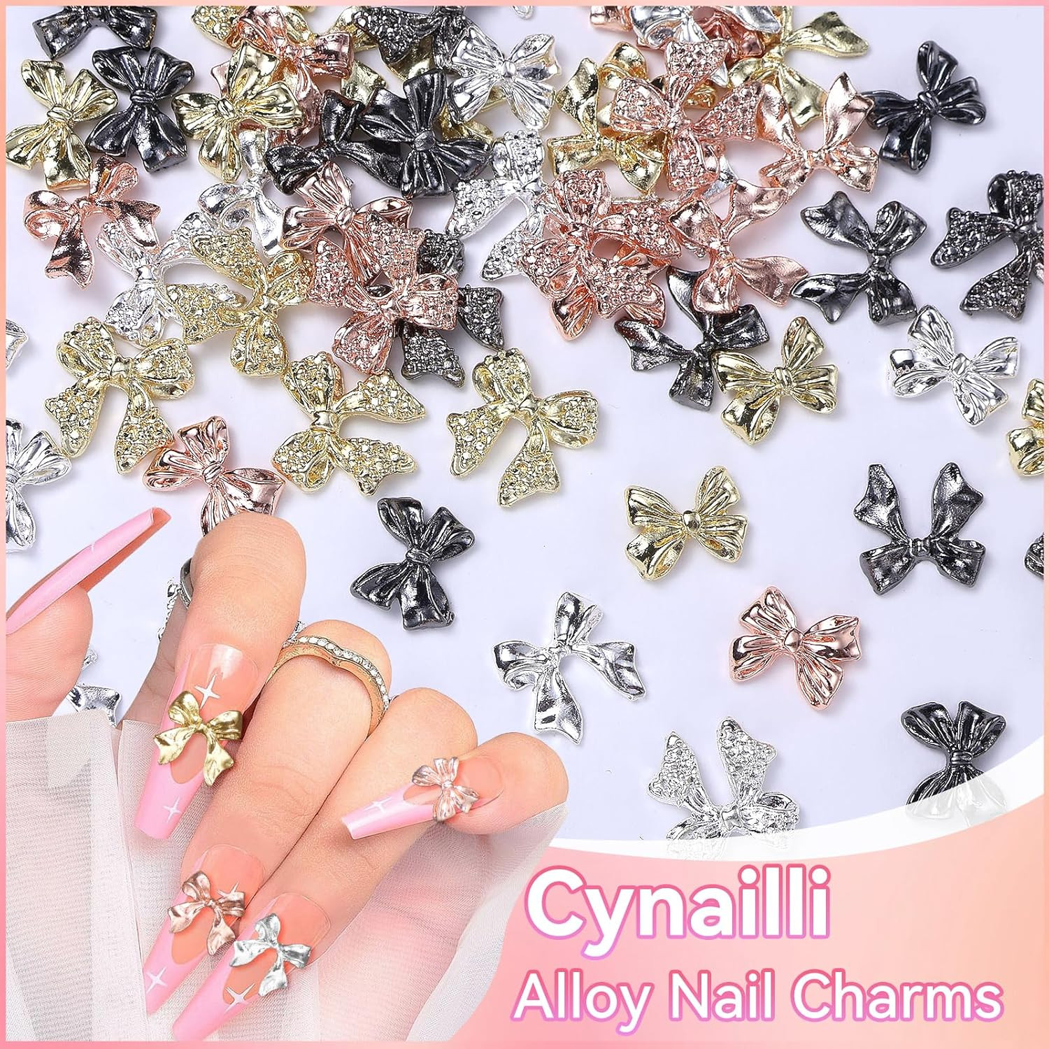 60 Pcs Metal Bow Nail Gems, 3D Alloy Bow Kont Nail Charms – 12 Styles Silver, Go