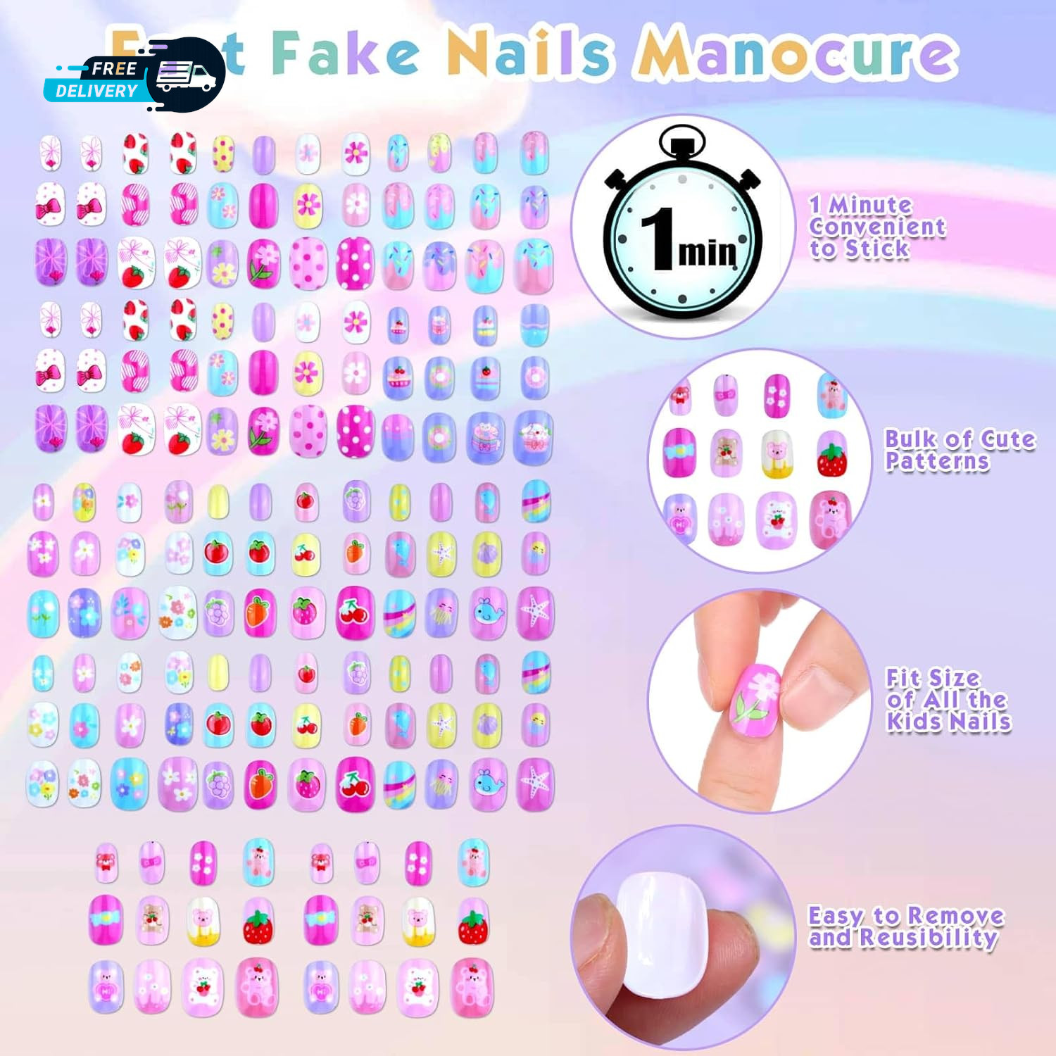168Pcs Press on Nails for Kids Girls Kids Fake Nails Children Pre Glue Stickers