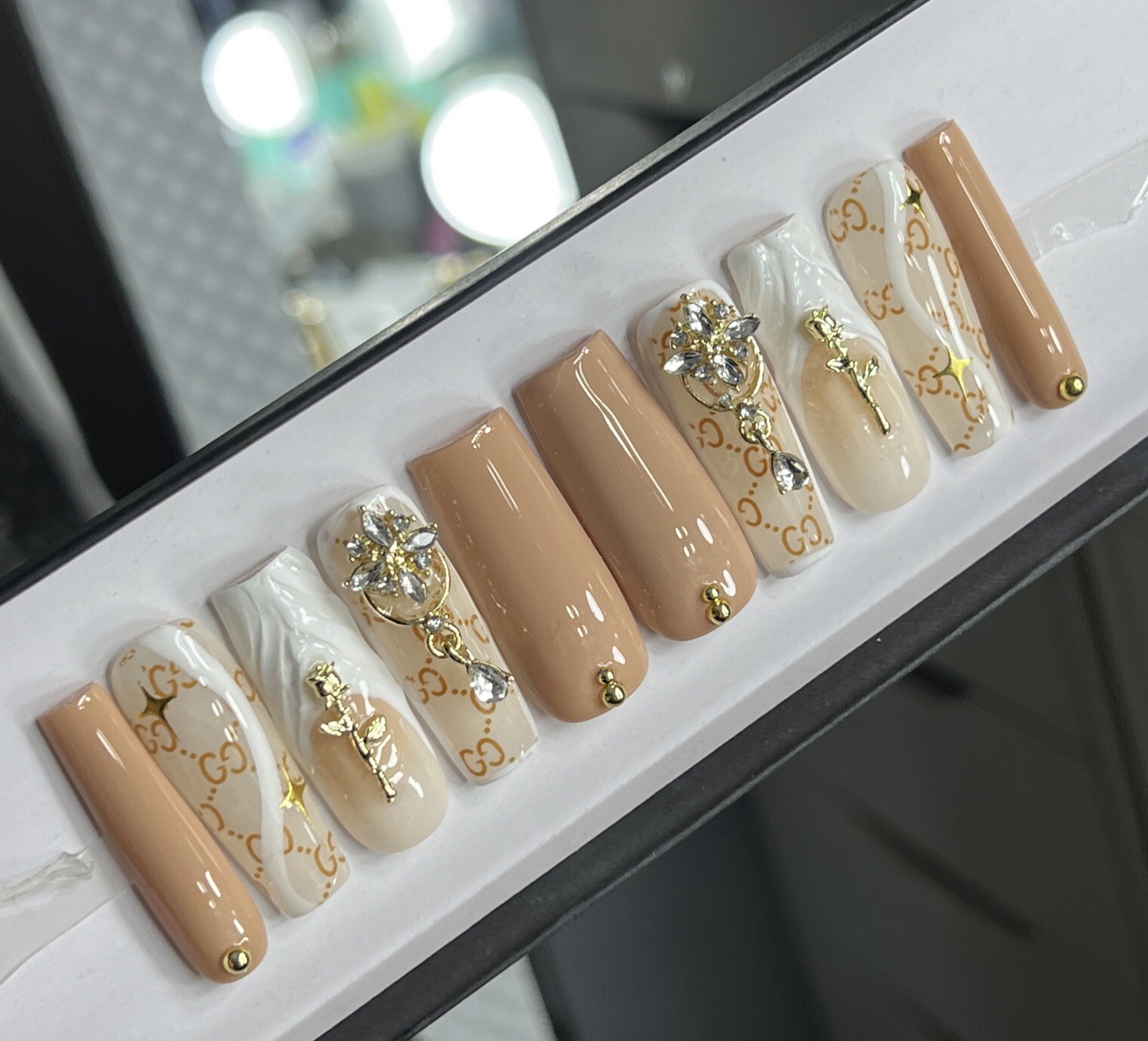 💎 CUSTOM Hard Gel Press On Nails, BLING NUDE , 10p FULL SET W Kit LONG SQUARE