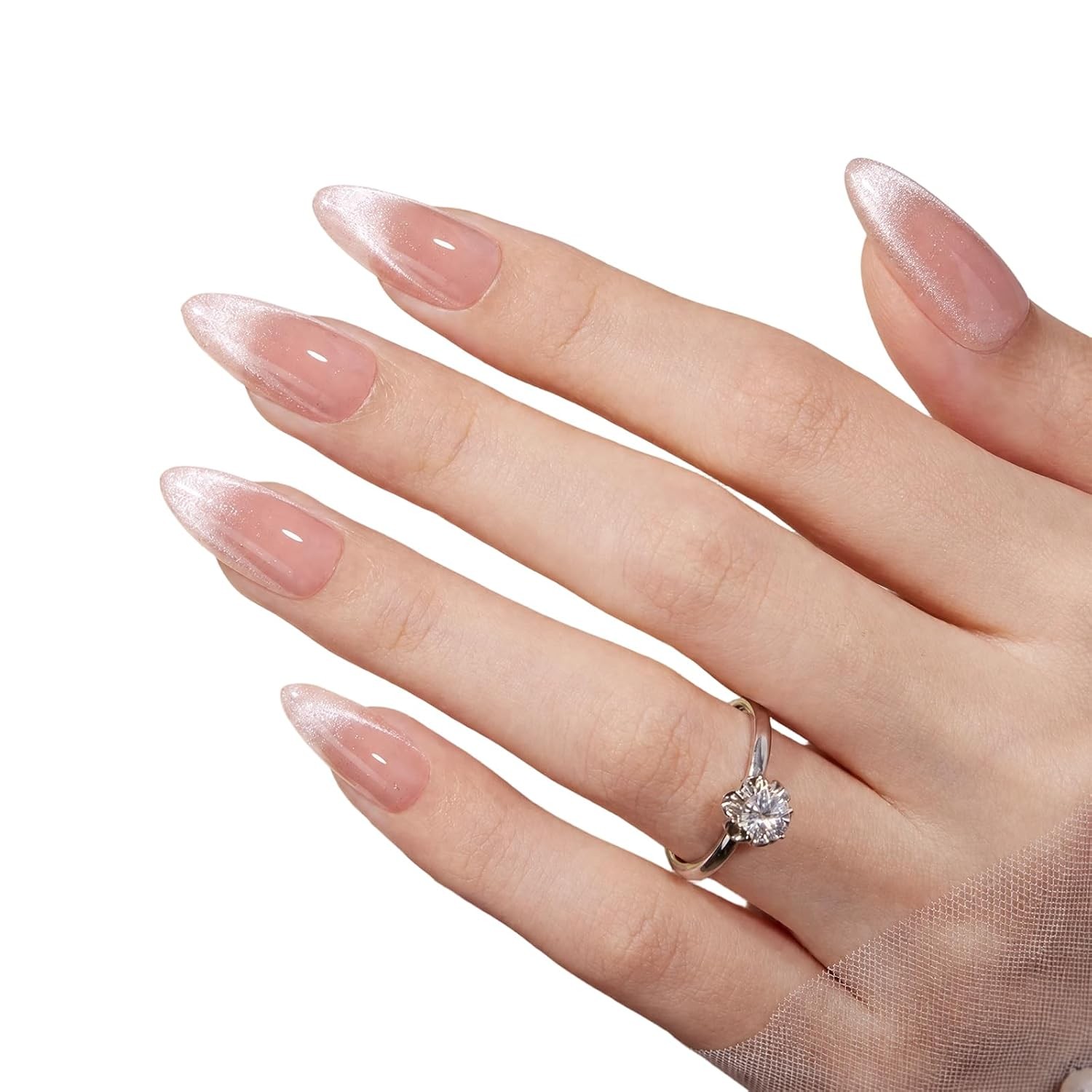 VSALON Cat Eye Press On Nails, Medium Almond, Pink Shimmer, Reusable