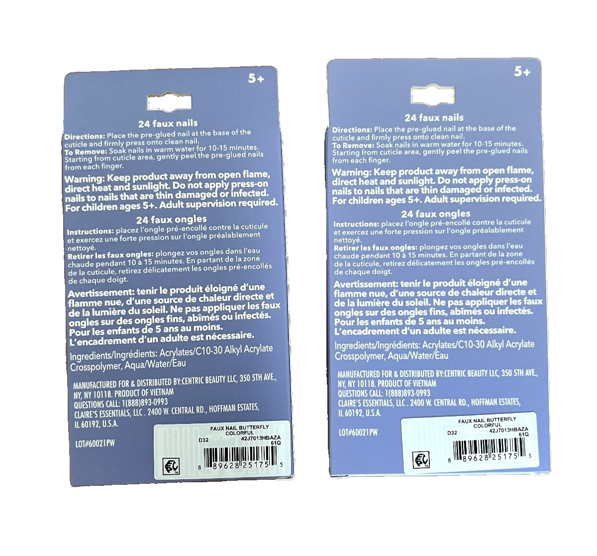 Lot of 2 Pack Claire’s Press On Nail Faux Nails Butterflies Butterfly Set