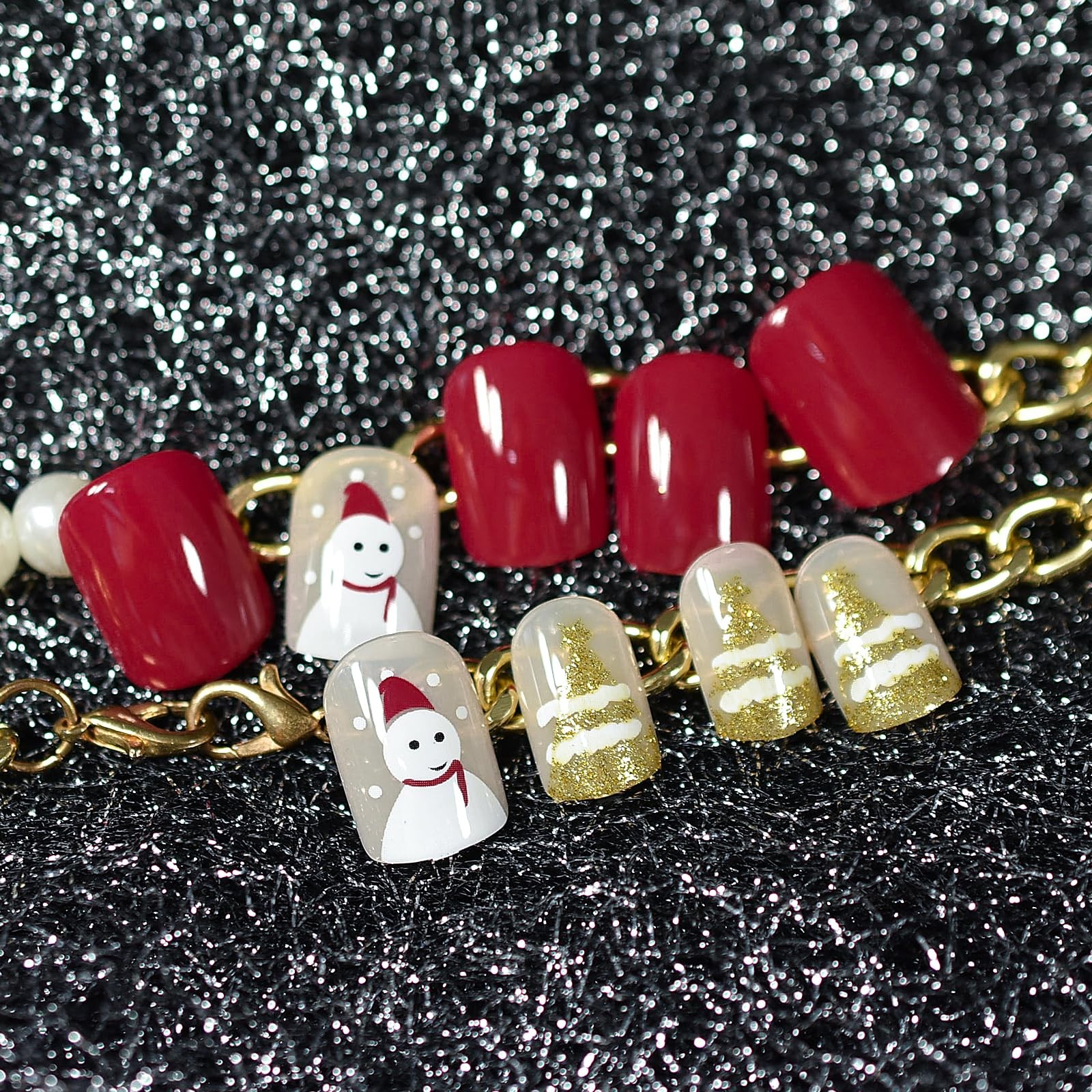 Christmas Snowman Press On Nails with Pre-design Golden Glitter Tree Short Sq…