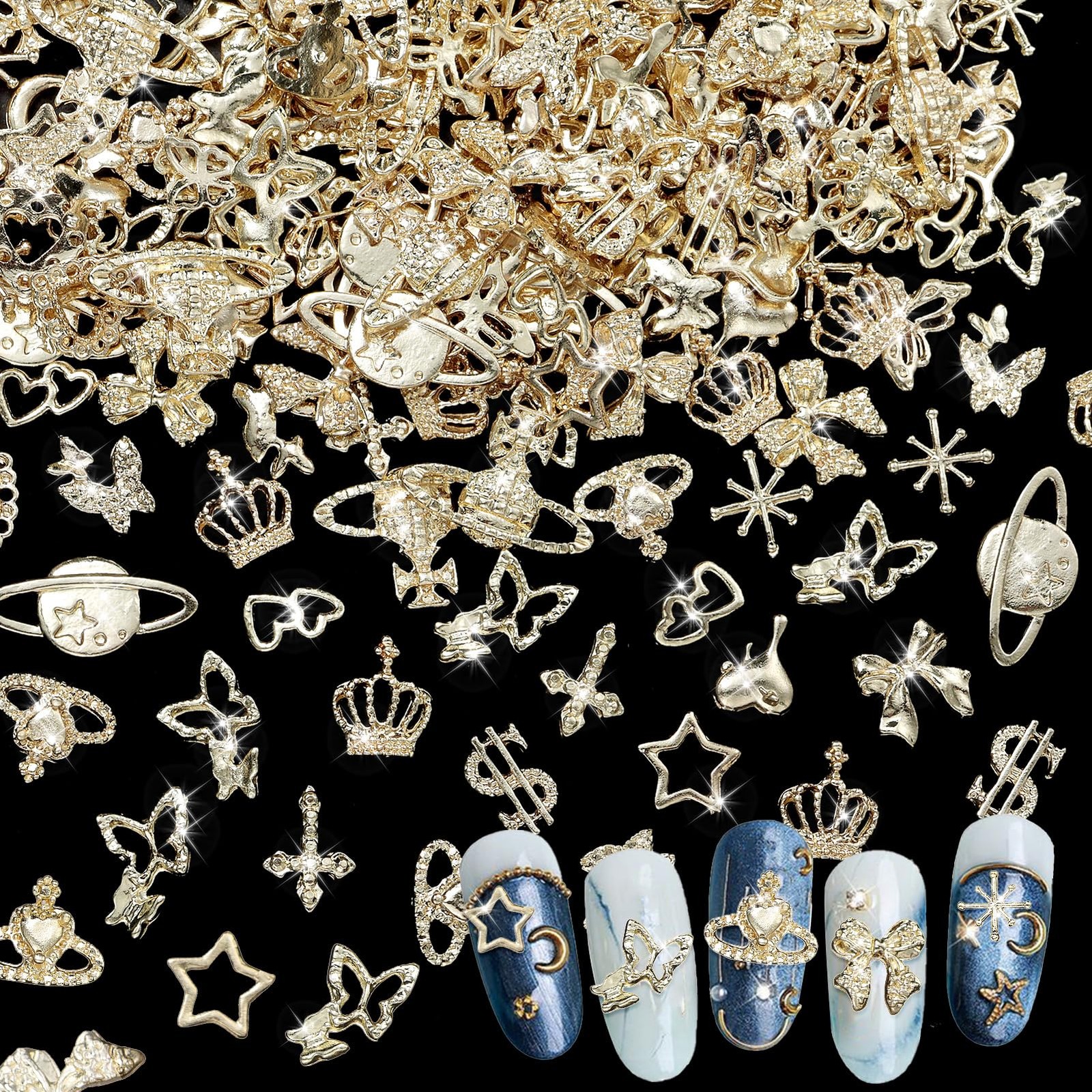 180 Pcs Gold Nail Charms and Gems, Bow Star Butterfly Cross Alloy Nail
