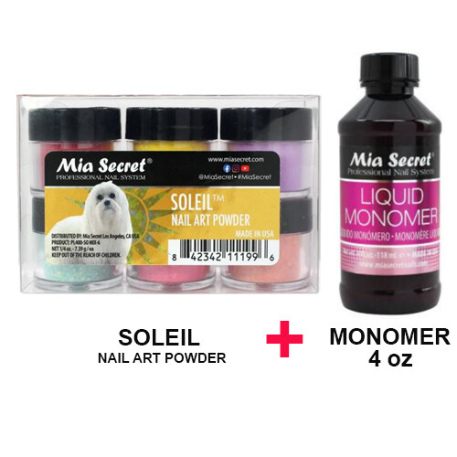 Mia Secret Monomer 4 oz with Soleil 6 Colors Set Nail Art Powder