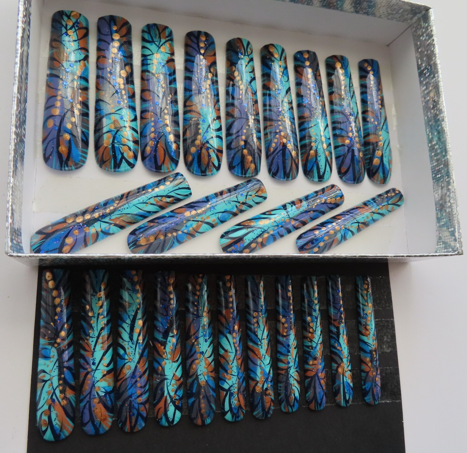 XXL Clear Purple Aqua Brown Blue Bronze Metallic Abstract Square Press On Nails