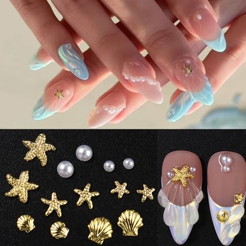 100Pcs Starfish Nail Charms and Gems Summer Ocean Style Nail Art Gold Silver-4