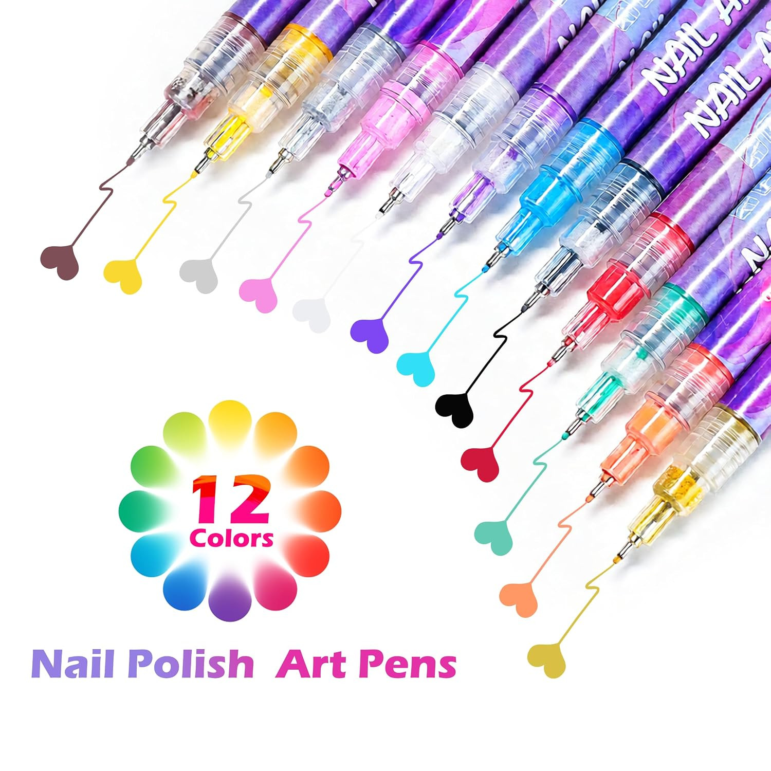Nail Art Pens Markers Kit 12 Colors 0.5Mm Fine Tip Nail Polish Pens, Quick Dry W