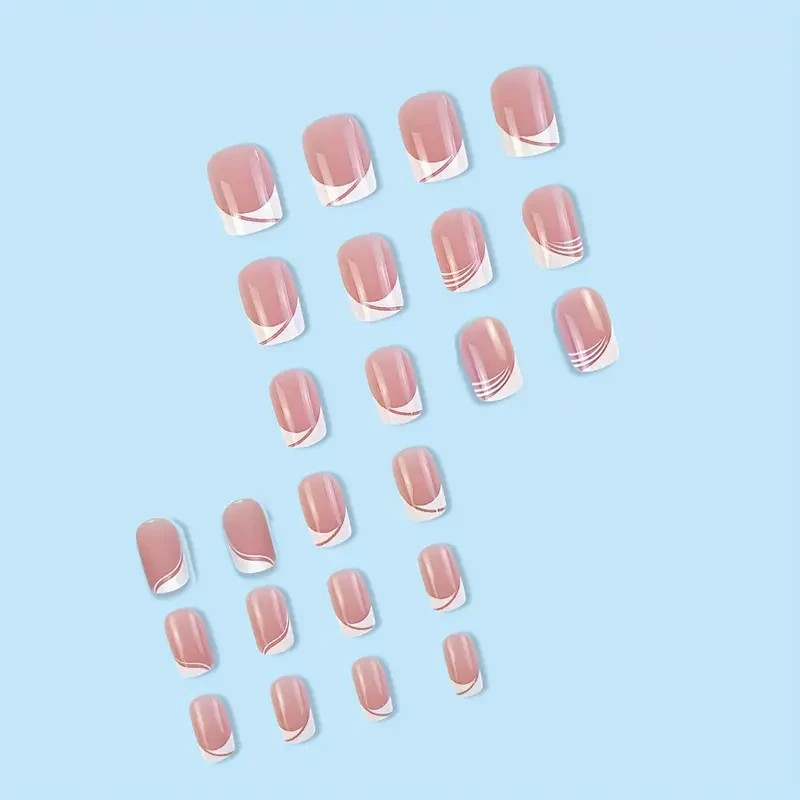 24pcs Short Press-On Nails, Glossy, French with Geometric Pattern, Glossy Finish