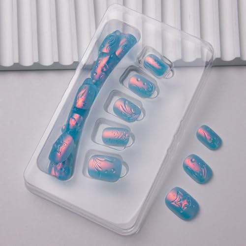 Summer Press on Nails – Short Square Fake Nails – Blue Chrome – Style 13