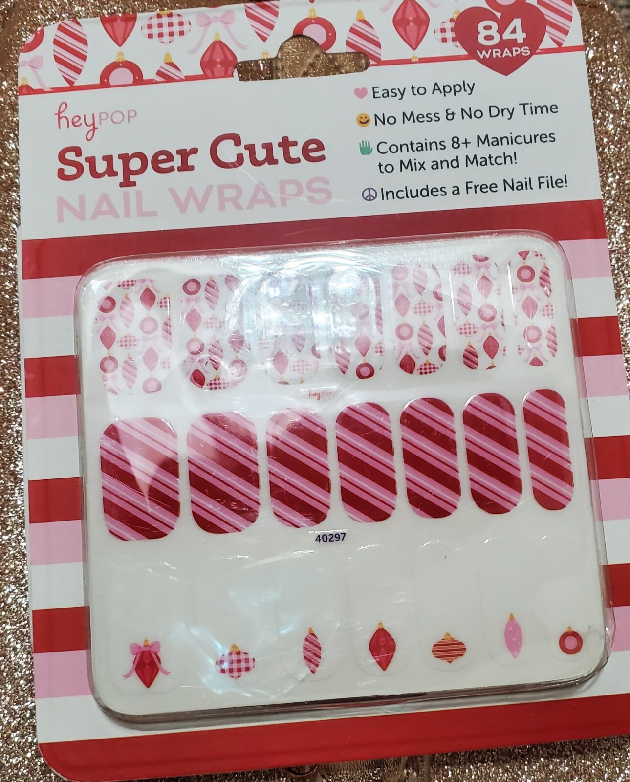 heypop 84 Nail Wraps ~ Holiday Ornaments & Candy Cane Stripes ~ BNIB