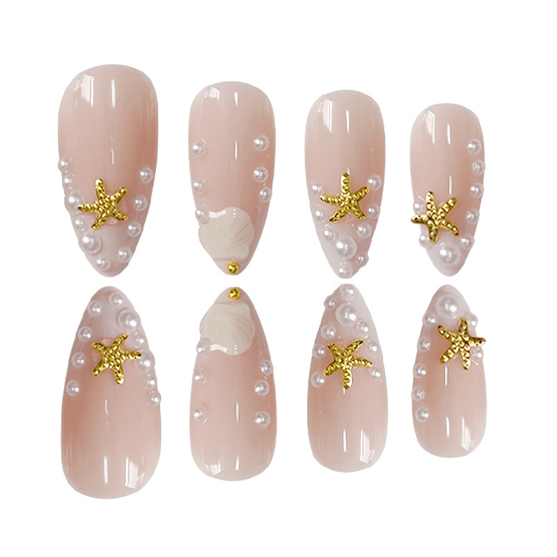 48Pcs-Medium Almond Nude White Gradient Seashell Starfish Pearl Press on Nails