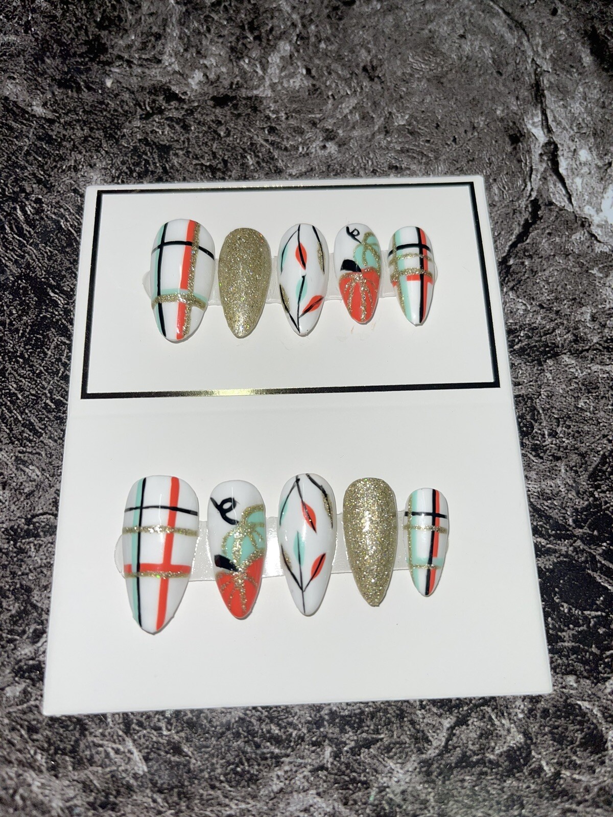 Orange & Teal Pumpkin Plaid Handpainted Press on Nails. includes Prep Kit