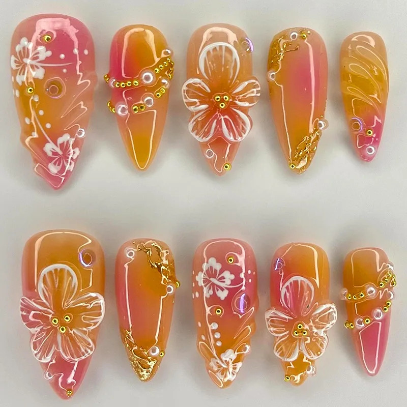 24Pcs Wearable False Nails 3D Flower Strawberry Green Gradient Pearl Mid-length
