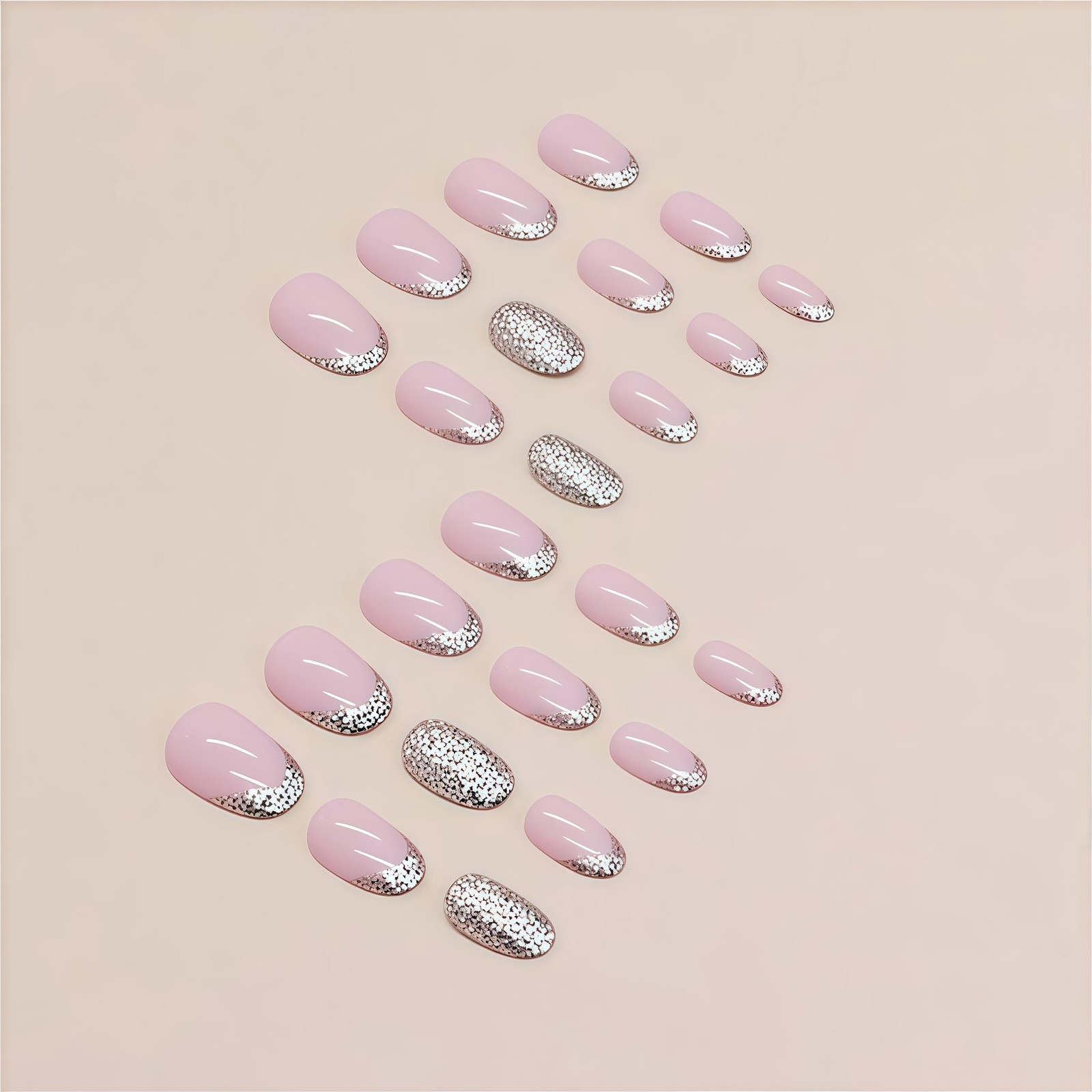 Silver Glitter French Press Nails Short Almond False Multicolor